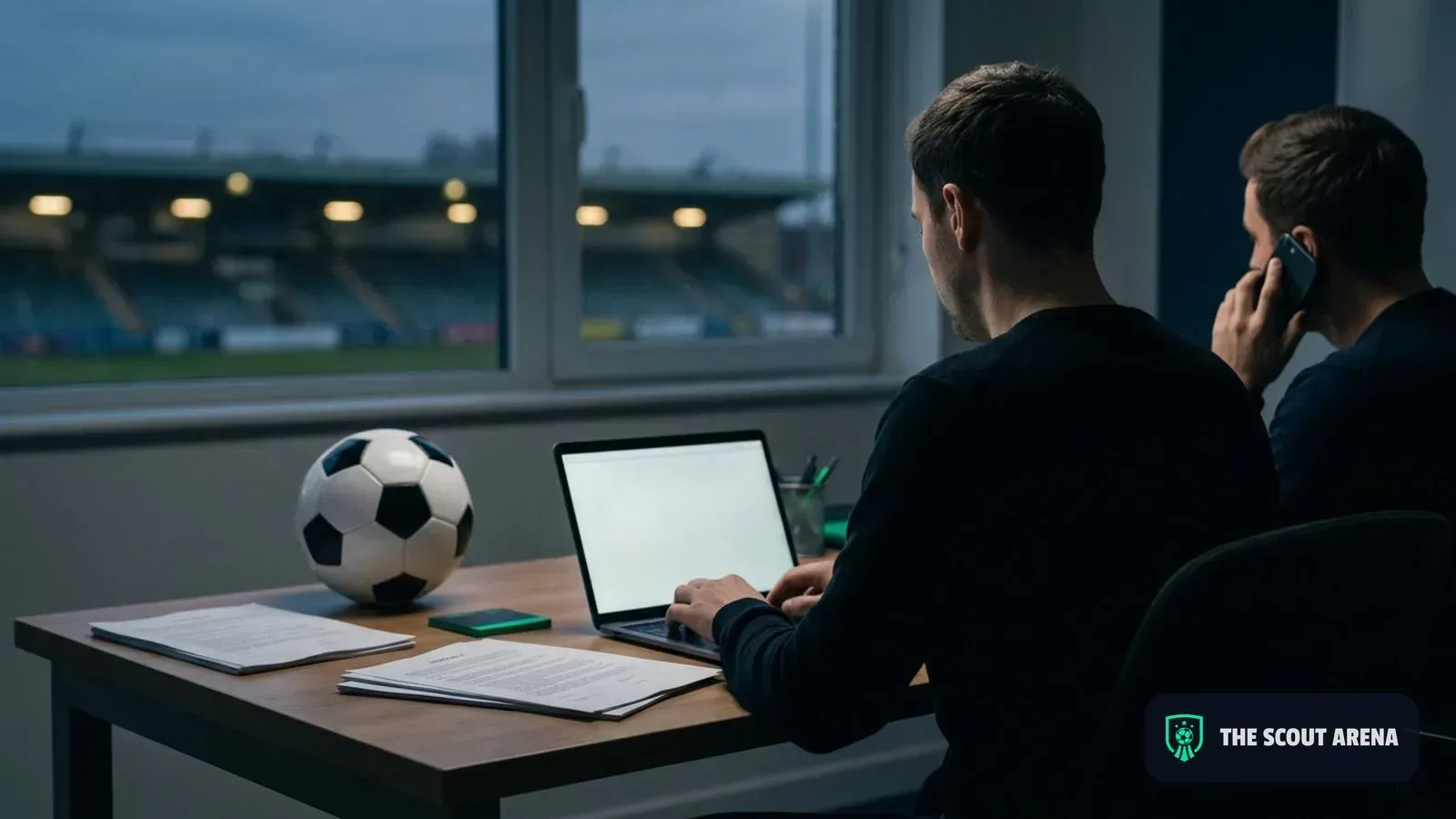 Two people working late in a small soccer agency office, contracts on the desk