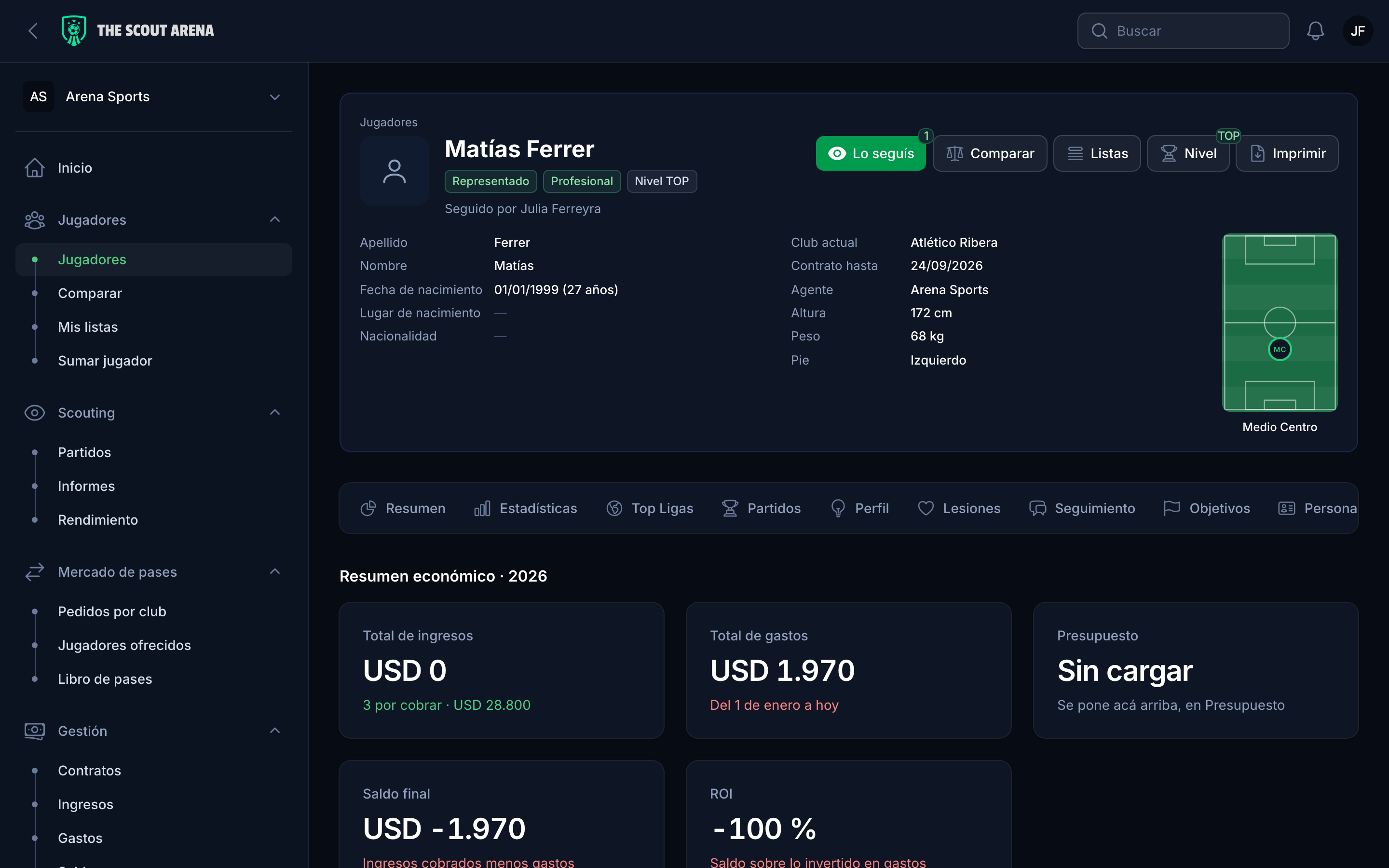 A player finances: commissions, expenses and investment