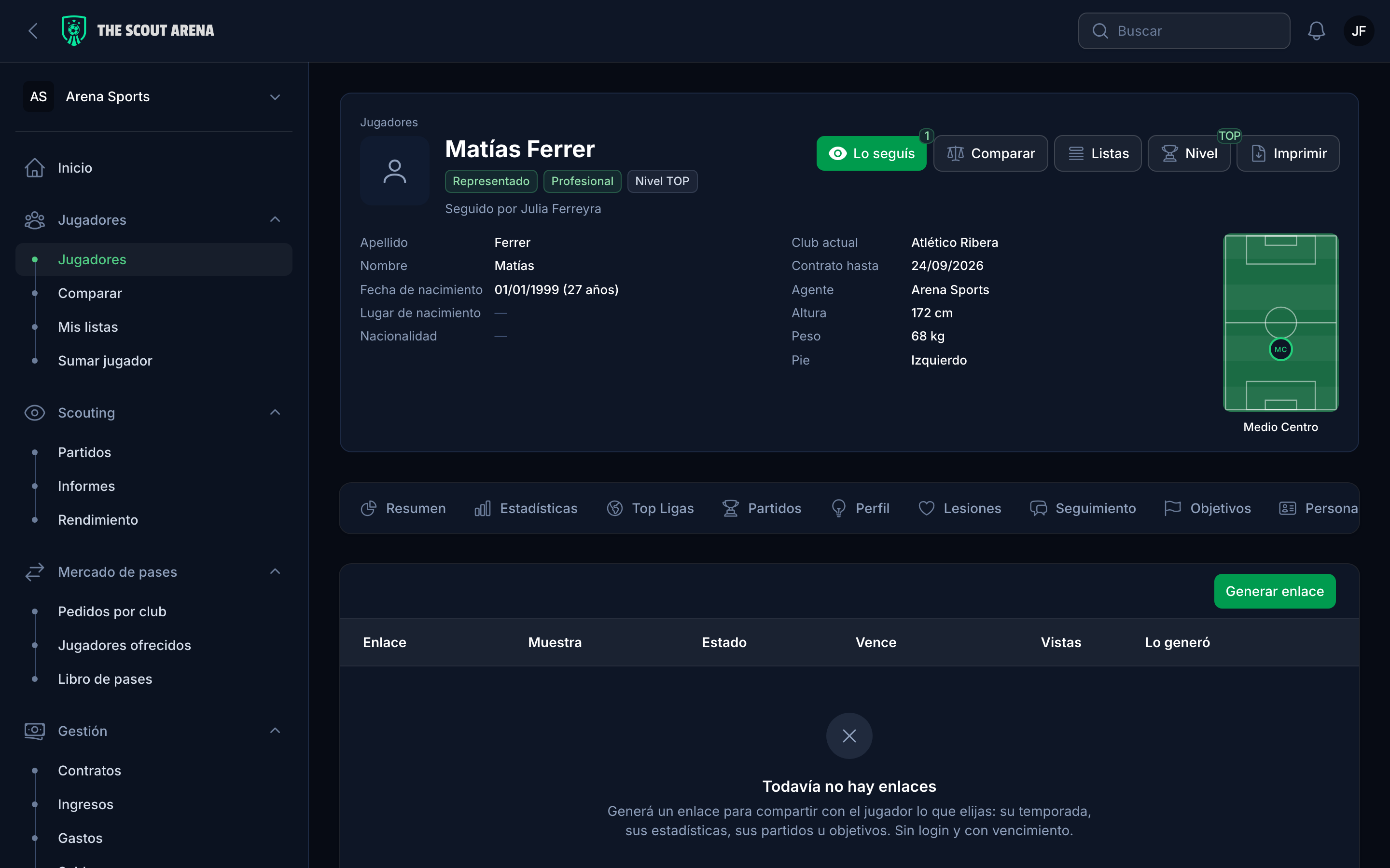 Public link to a player profile, ready to send to a club