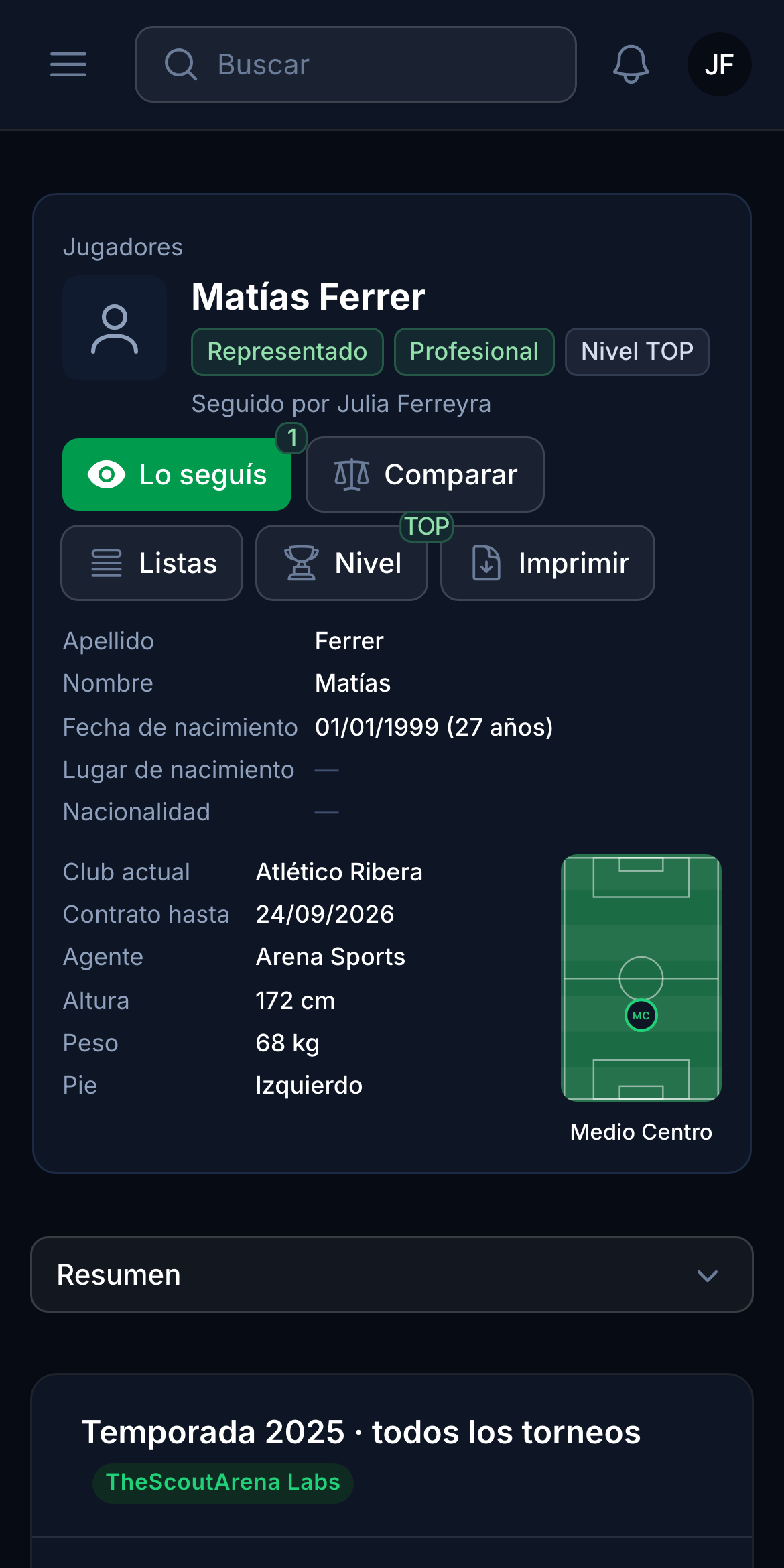 A player profile on a phone, with their club and their contract