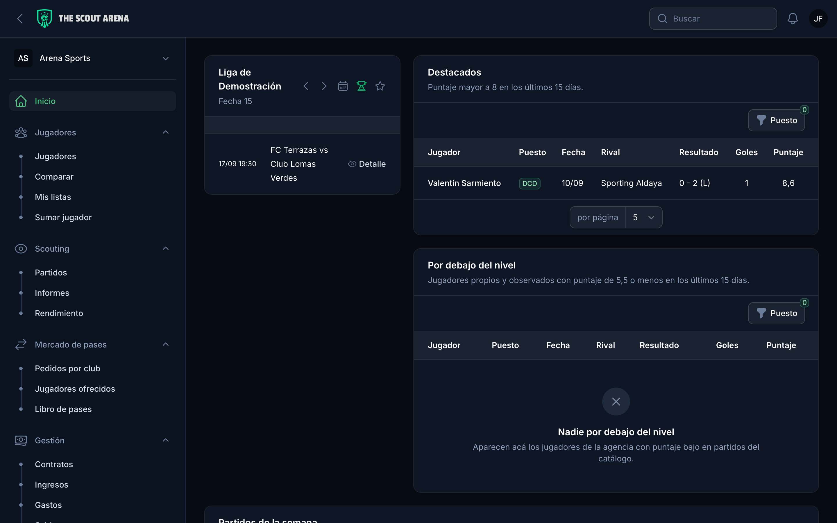 Dashboard with the agency KPIs and this week matches