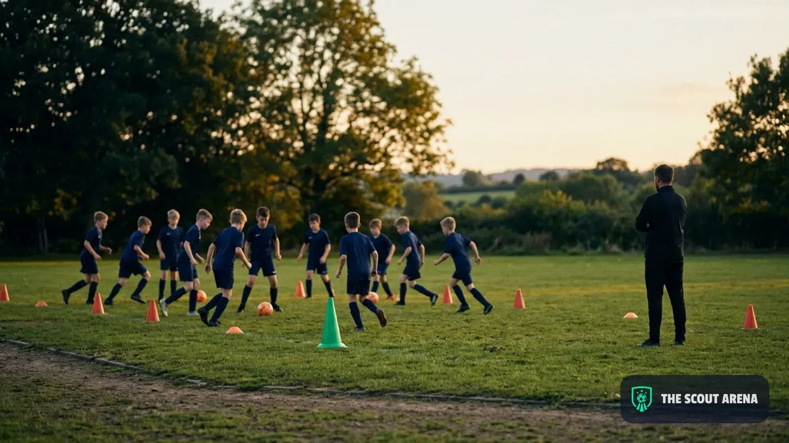 Entrenamiento de juveniles en una cancha modesta al atardecer