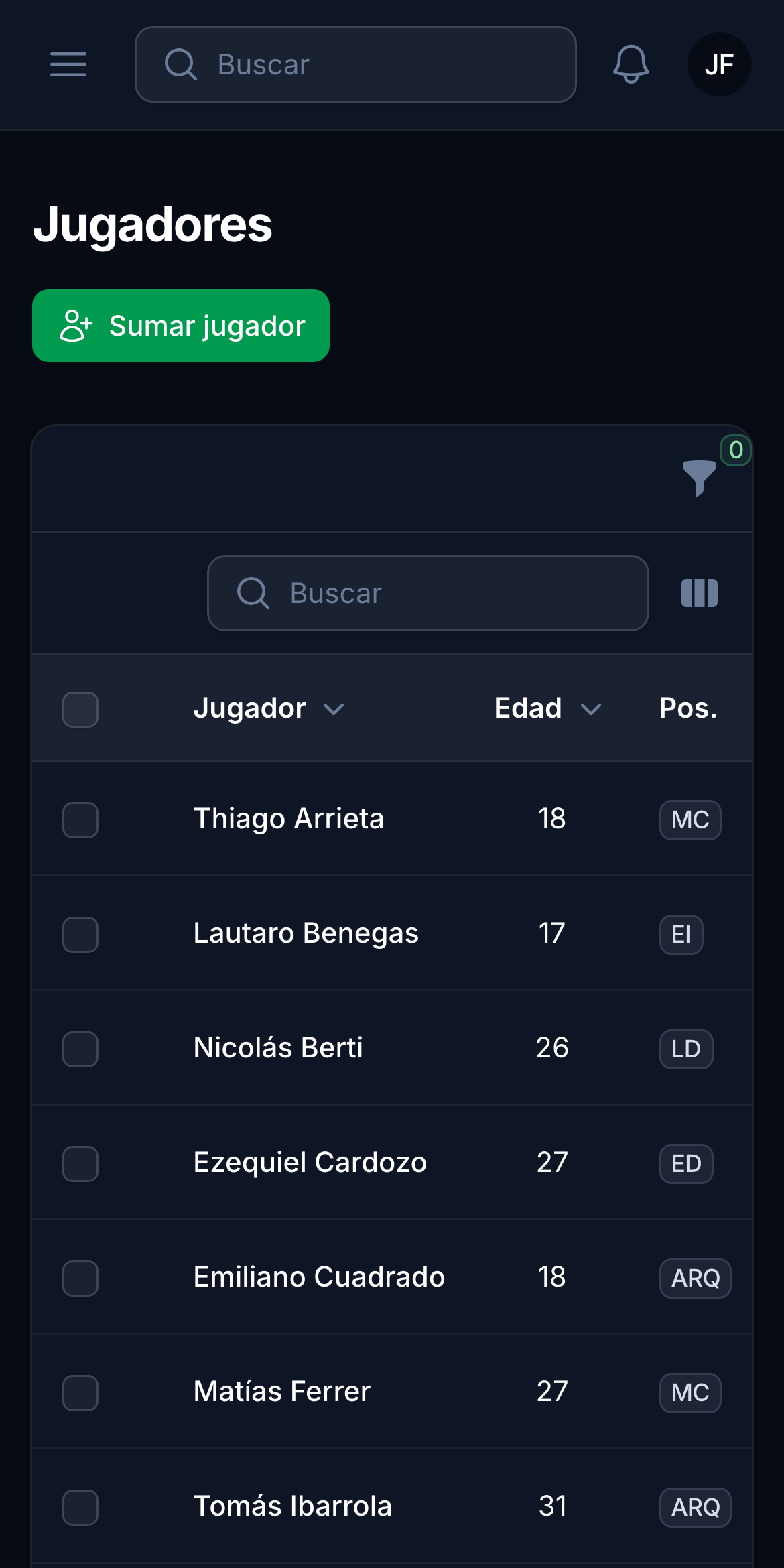 The list of the agency players on a phone