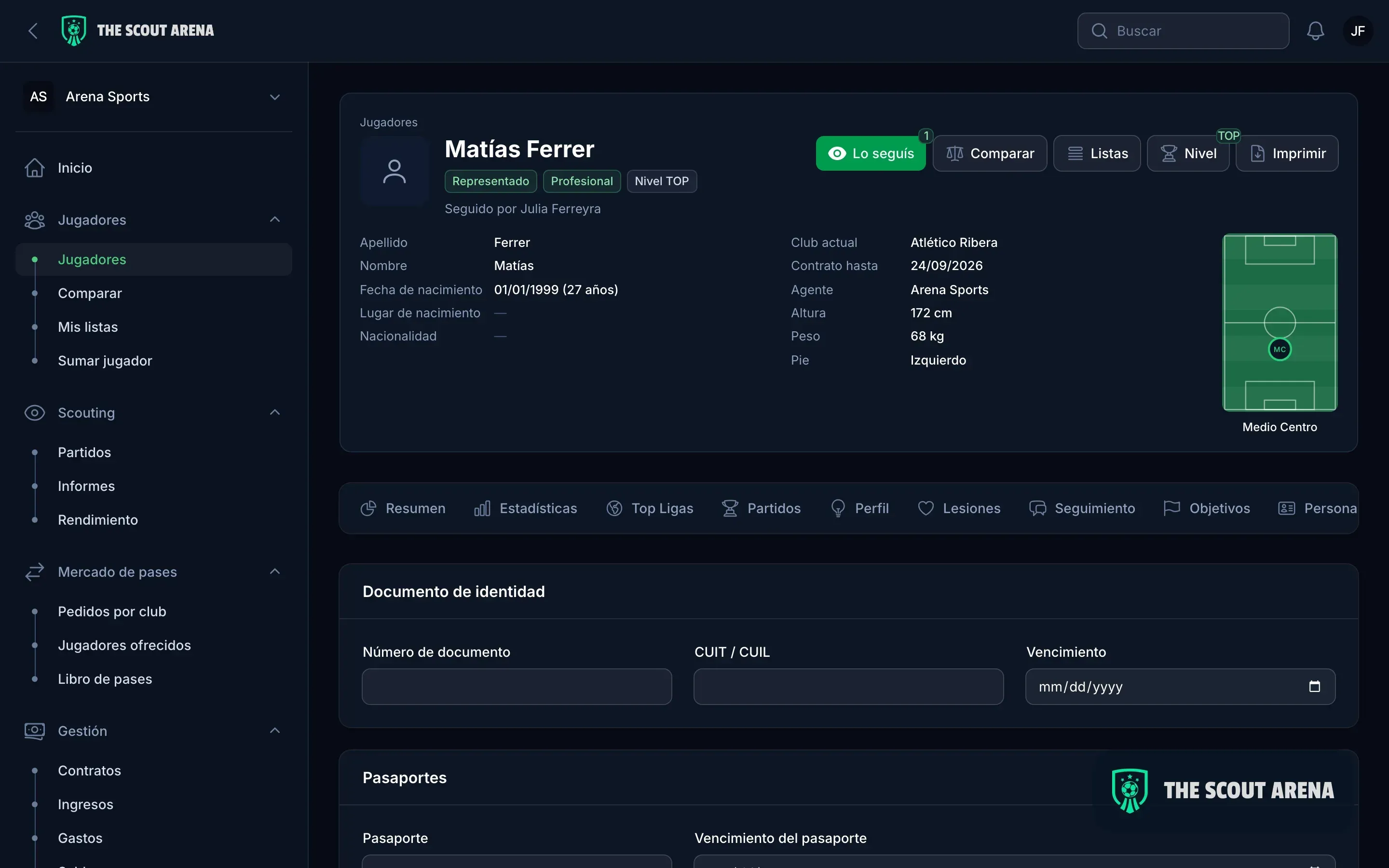 A player profile in TheScoutArena showing the identity document, passports and their expiry dates