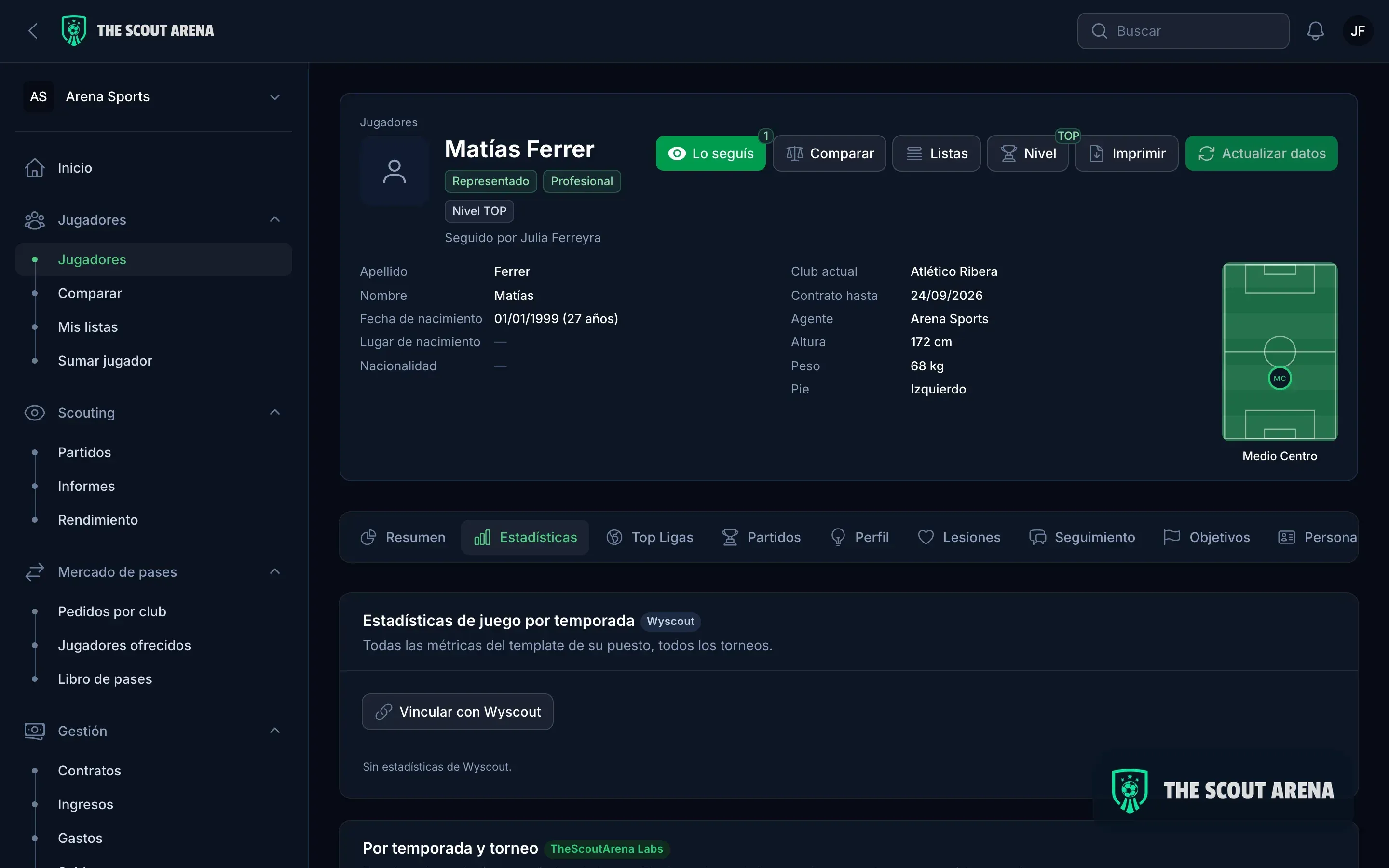 Statistics in a The Scout Arena player profile, each number shown next to the average for the position