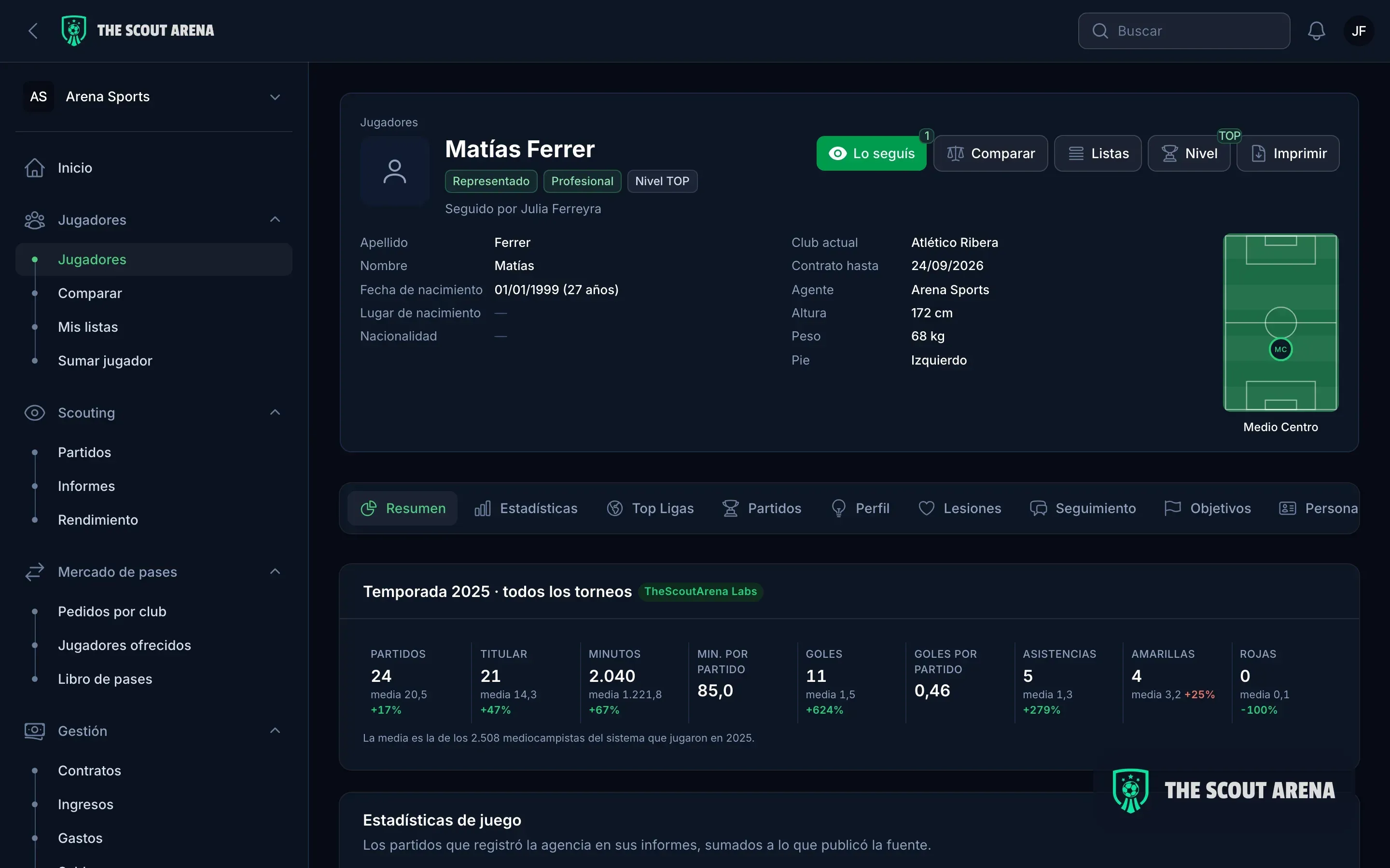 La ficha de un jugador en The Scout Arena, con sus datos, su contrato y sus pestañas