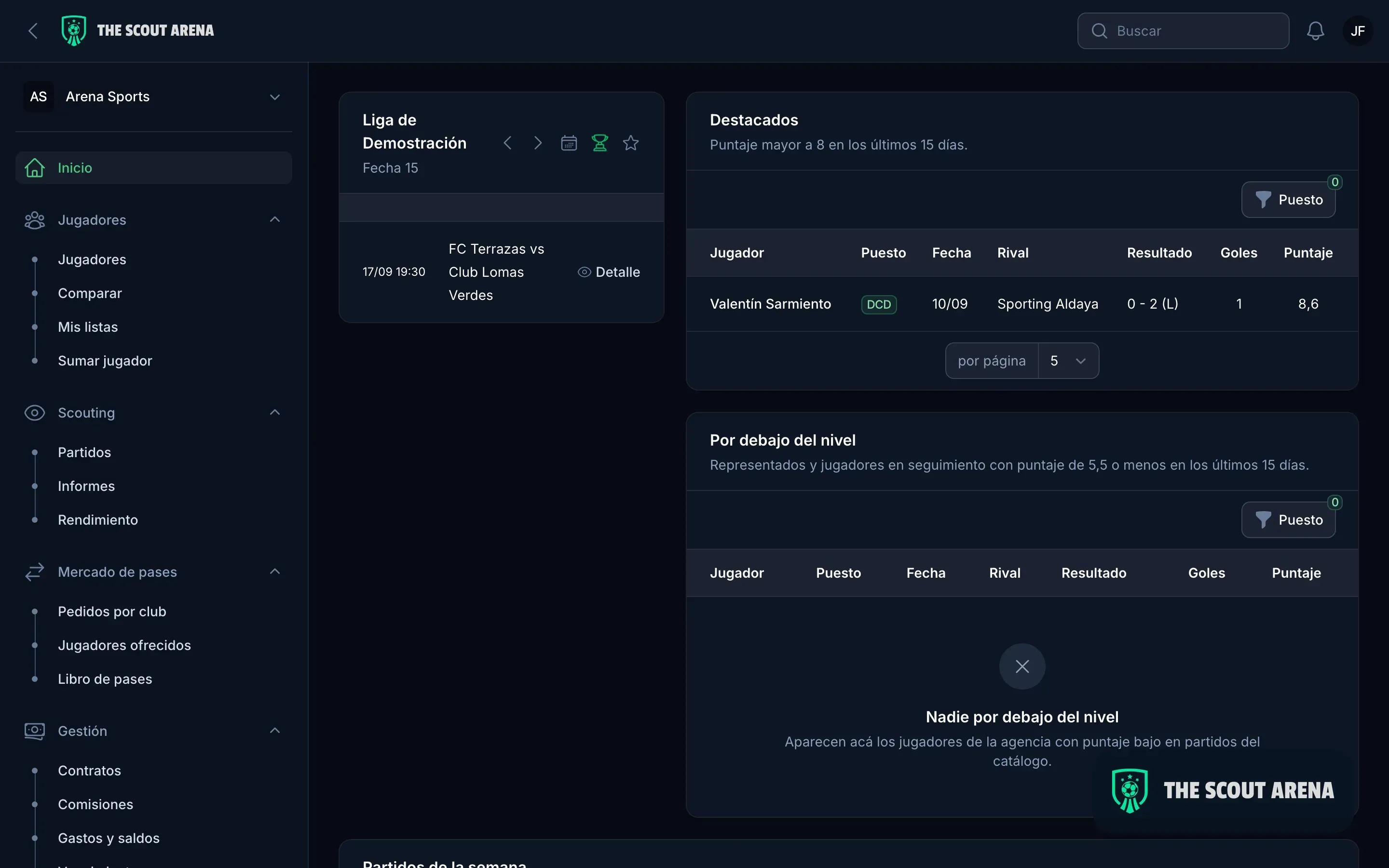 The Scout Arena dashboard with the agency indicators and this week's matches