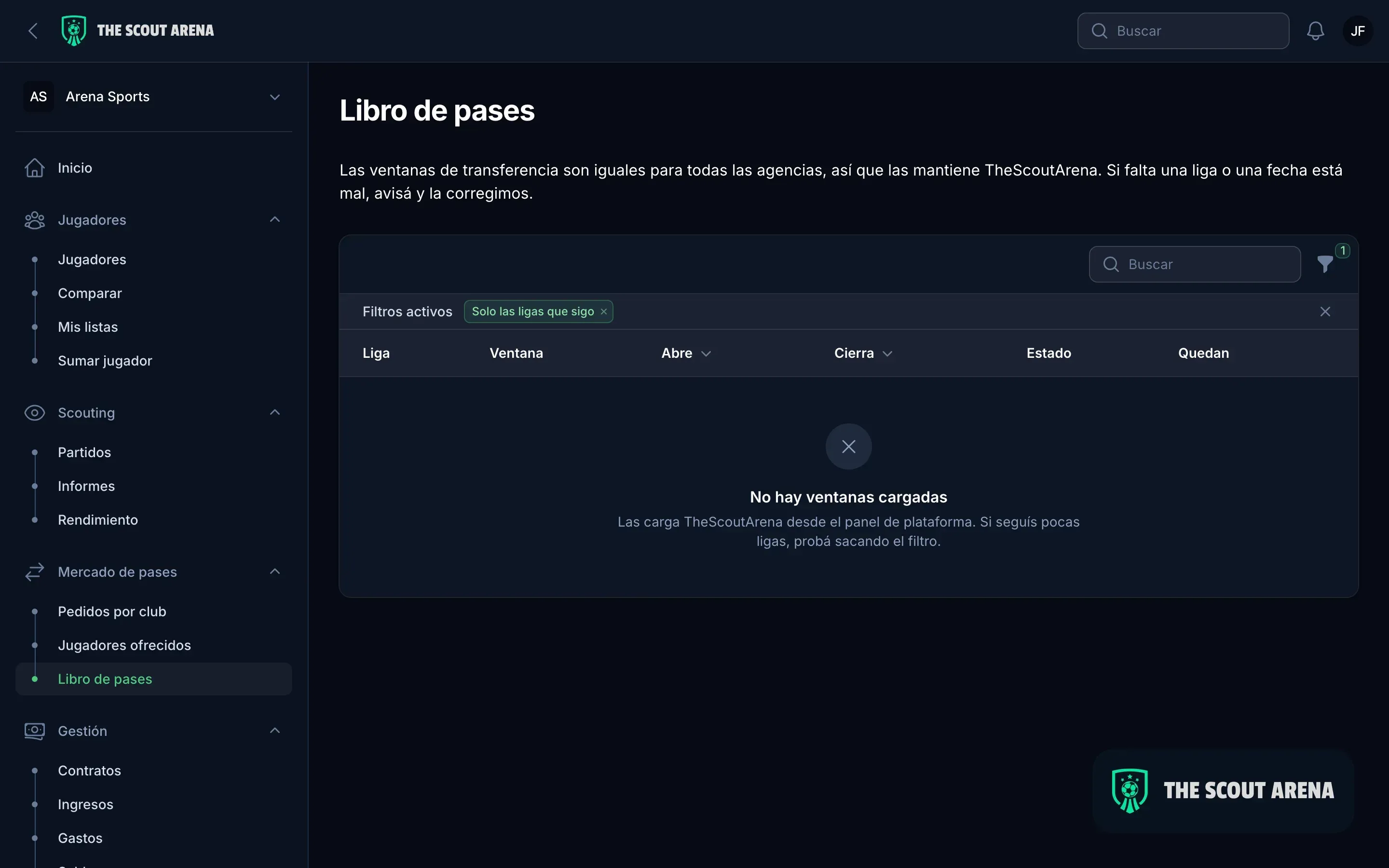 Libro de pases de The Scout Arena con los mercados de pases abiertos por país