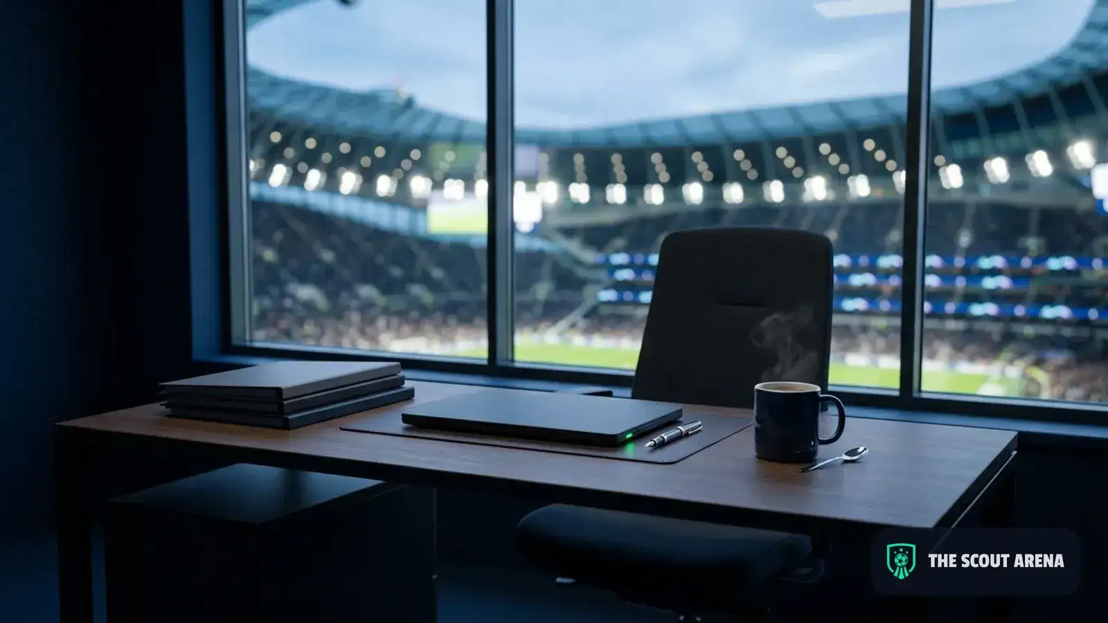 A tidy desk at dusk with neatly stacked folders, a closed laptop and the floodlights of a stadium blurred through the window