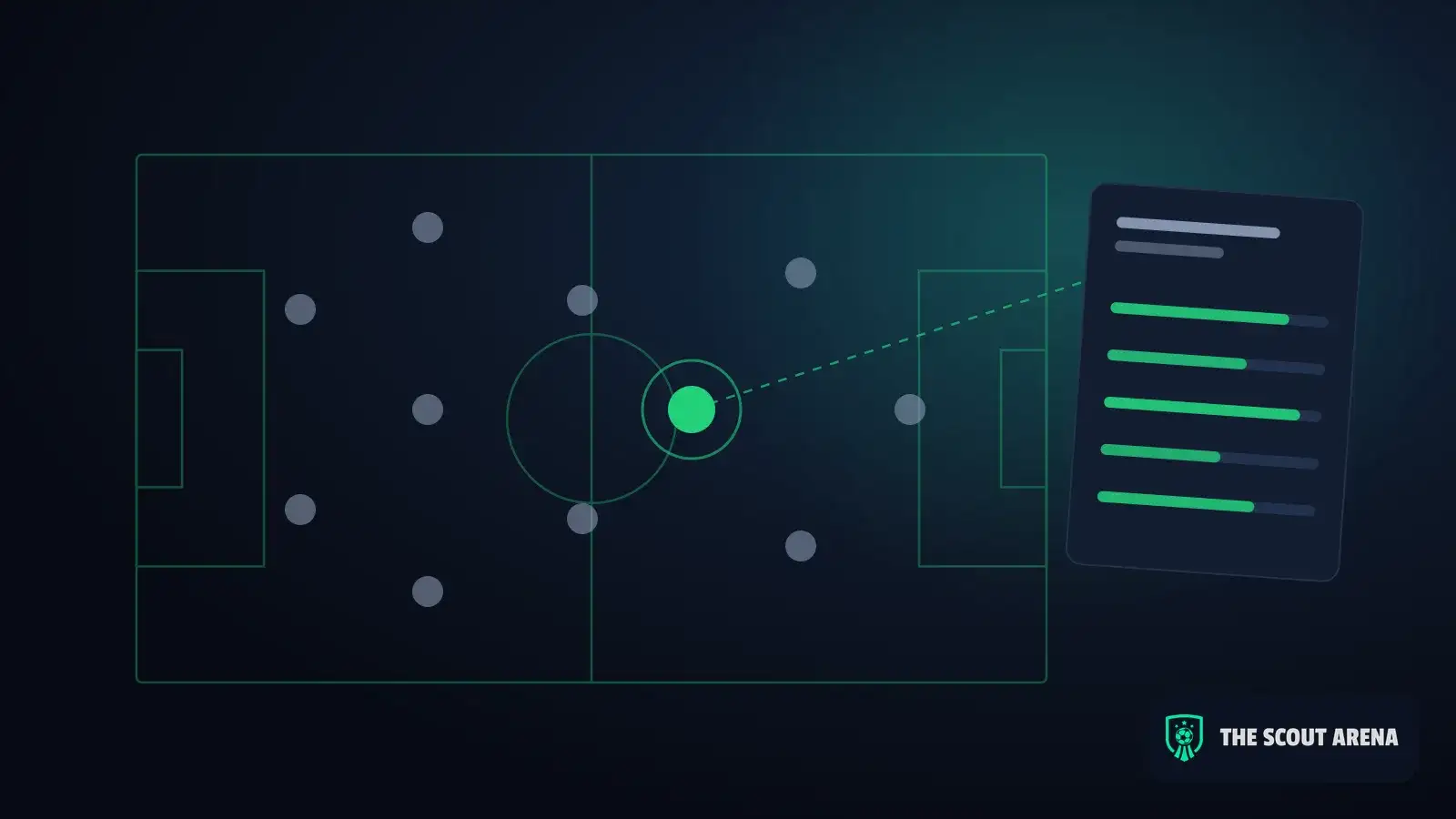 Ilustración: jugadores en la cancha y un informe de scouting con barras de valoración