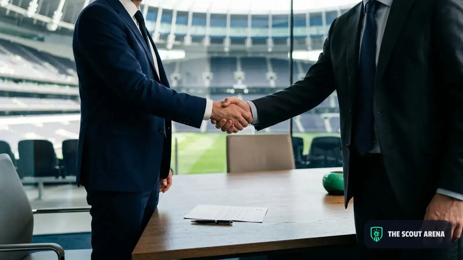 Dos personas se dan la mano sobre una mesa con un contrato firmado, en la sala de reuniones de un club