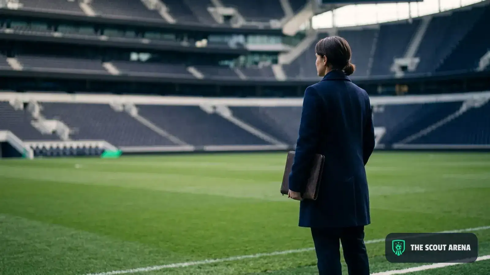 Una persona de espaldas con una carpeta bajo el brazo mira la cancha de un estadio vacío por la mañana