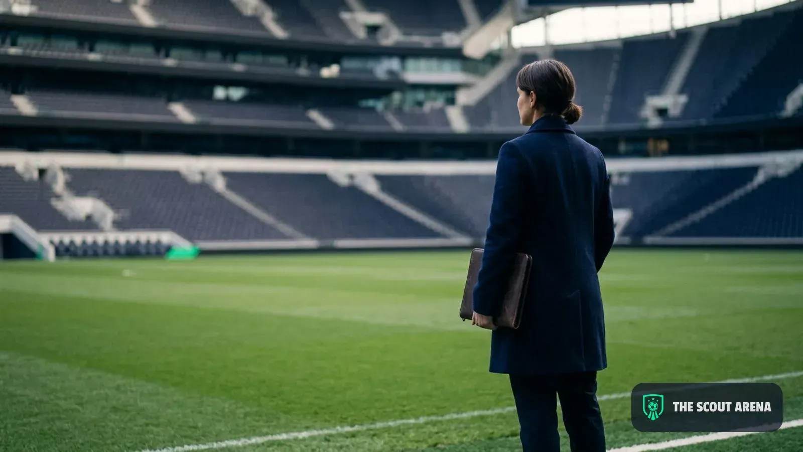 A person seen from behind with a folder under one arm looks out over an empty stadium pitch in the morning