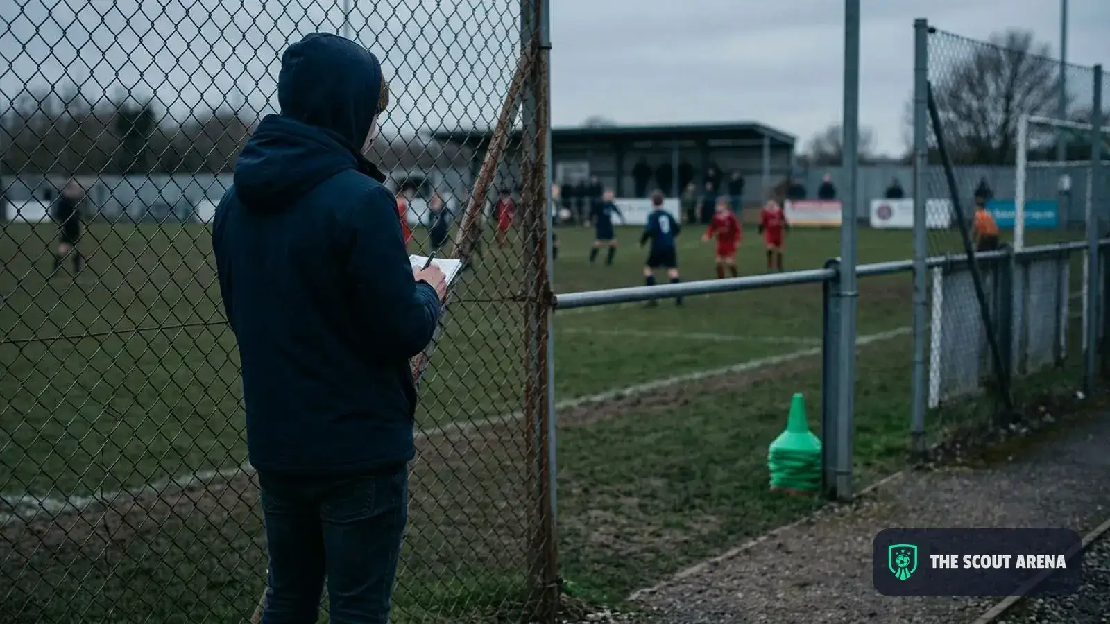 A young scout watches a youth match from the perimeter fence, notebook in hand