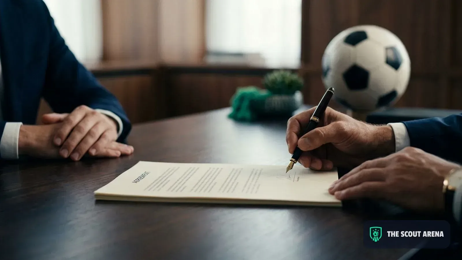 A hand signs the last page of an agreement with a fountain pen, across the table from another person
