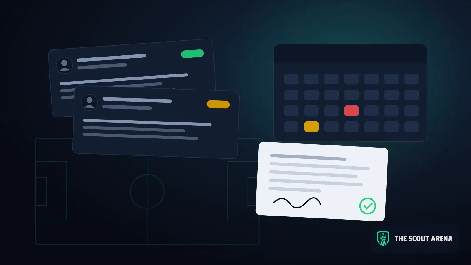 Illustration: player profiles, an expiry calendar and a signed contract over a pitch