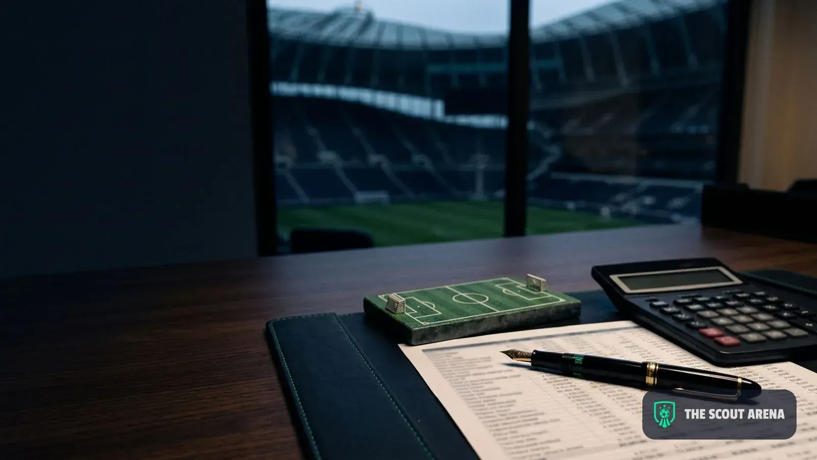 A calculator, a pen and a sheet of figures on a desk, with a stadium blurred through the window
