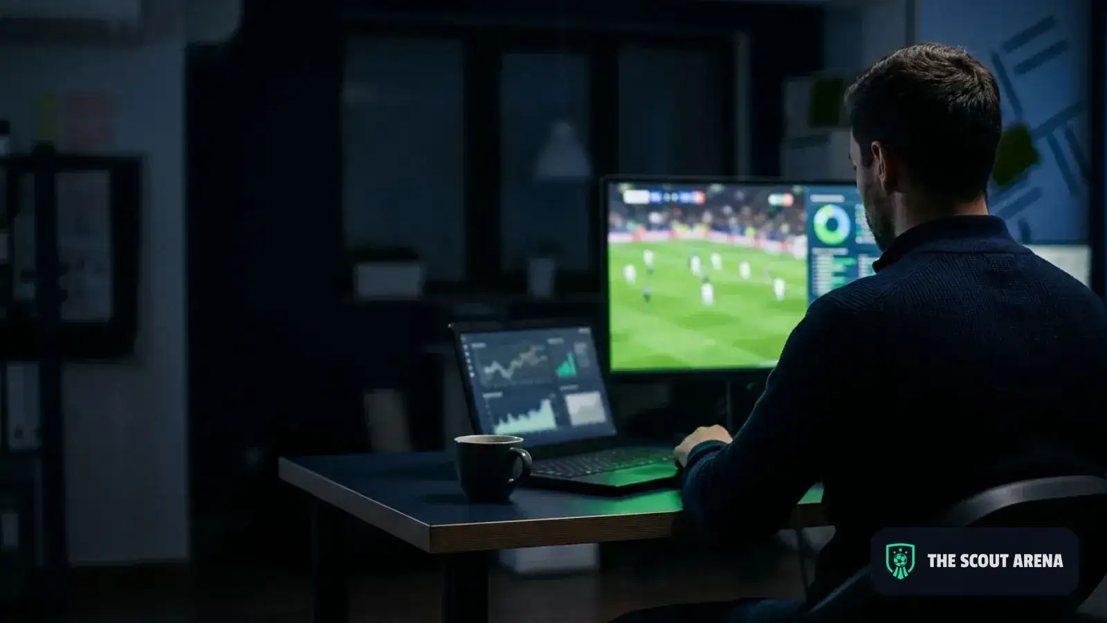 An analyst studies charts and match footage on two screens in a dark office