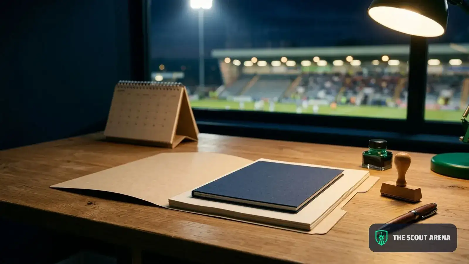 Una carpeta entreabierta con papeles en blanco, una libreta azul oscura sin marcas, un sello y una lapicera sobre un escritorio, con una tribuna iluminada desenfocada detrás de la ventana