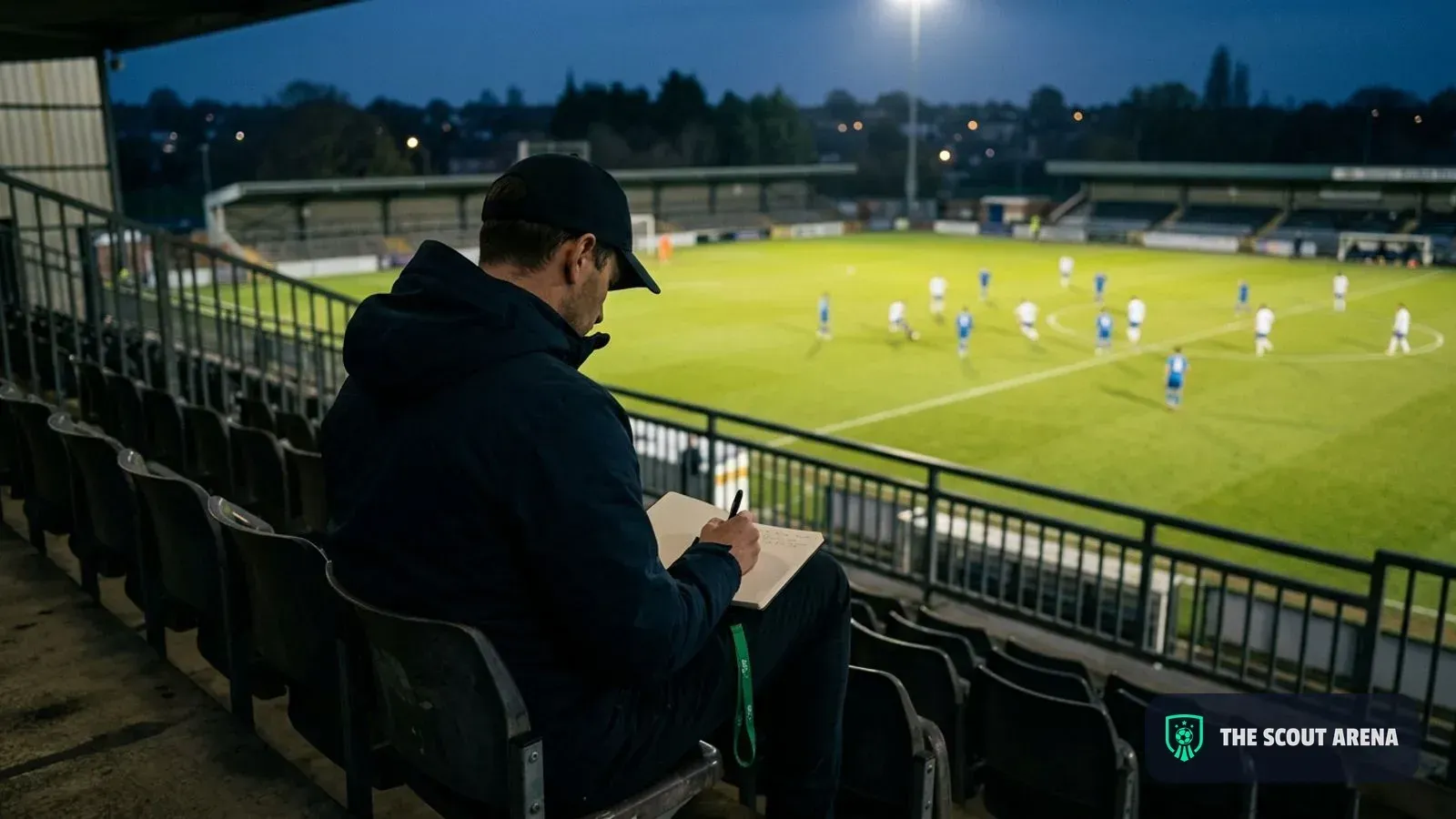 A scout writes in a notebook from the stand while a match is played at dusk