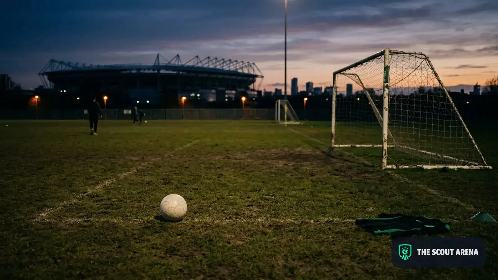 Una cancha modesta de divisiones inferiores al atardecer, con un arco gastado y una pelota en el pasto, y la silueta de un estadio grande a lo lejos