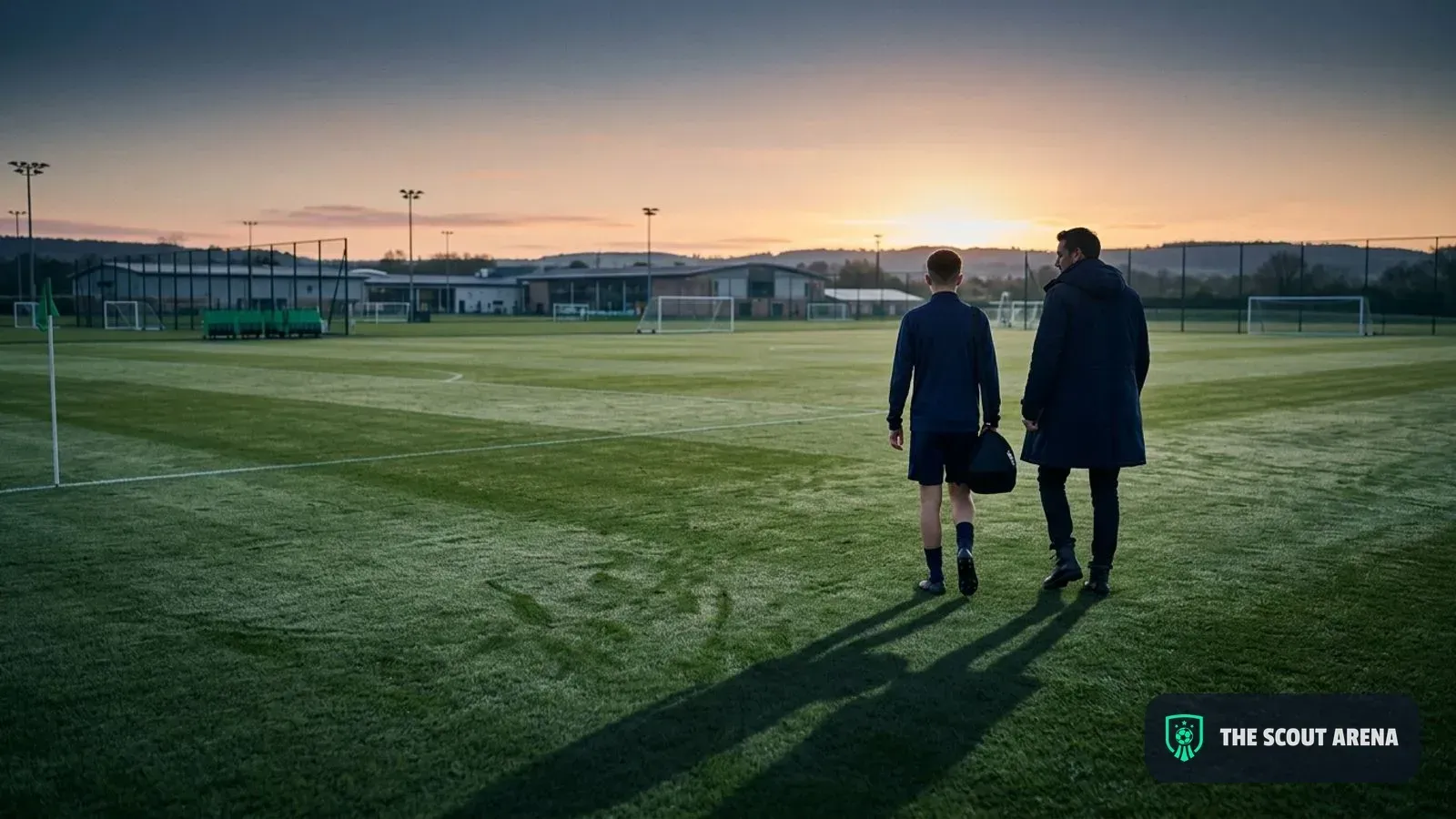 A young academy player walks towards a training pitch beside an adult, seen from behind at sunrise