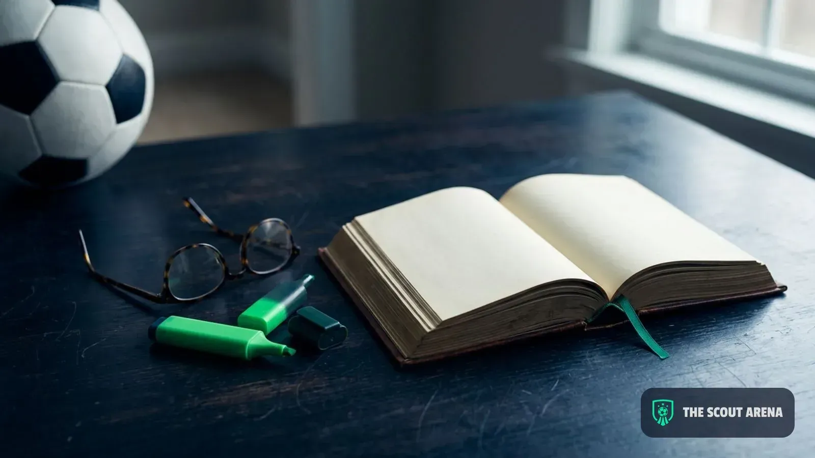 An open rulebook on a desk with reading glasses, a green highlighter and a football out of focus