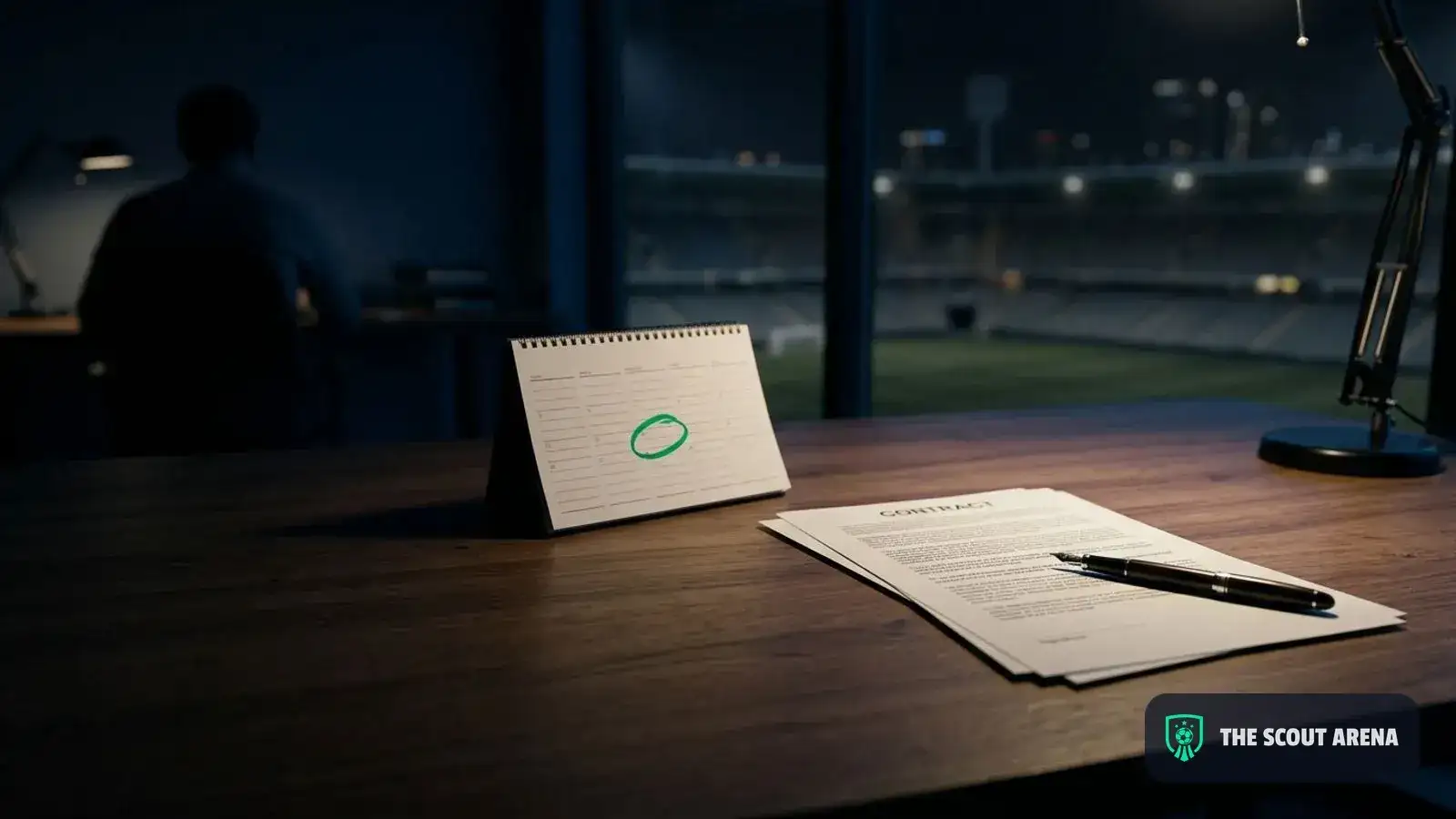 A contract and a pen beside a calendar with one date circled, in a club office