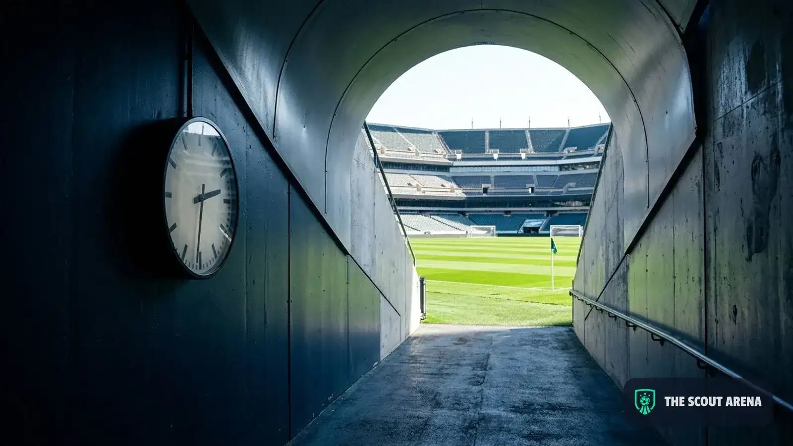 El túnel de un estadio vacío con un reloj en la pared y la cancha iluminada al fondo